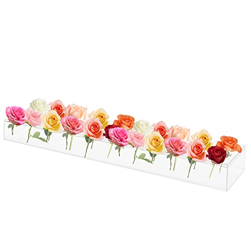 Rectangular Acrylic Vase, Clear Acrylic Flower Vase, 24 Inch Long Decorative Modern Vase for Weddings Home Decor, Rectangular Floral Centerpiece Flower Vase for Dining Table (24 Inch with 24 Holes)