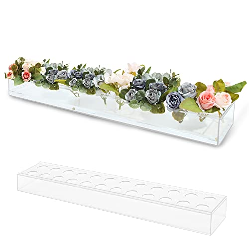 Rectangular Acrylic Vase, Clear Acrylic Flower Vase, 24 Inch Long Decorative Modern Vase for Weddings Home Decor, Rectangular Floral Centerpiece Flower Vase for Dining Table (24 Inch with 24 Holes)