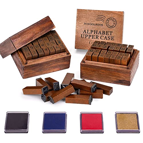 Toptime Letter Stamps, 56pcs Alphabet Stamps with Weeks and Weather, Number Stamps with Wooden Case, Vintage Symbol Wood Stamps with Ink Pads Rubber Stamps for Crafting, Card Making, Scrapbooking