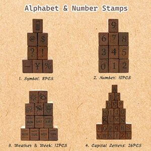 Toptime Letter Stamps, 56pcs Alphabet Stamps with Weeks and Weather, Number Stamps with Wooden Case, Vintage Symbol Wood Stamps with Ink Pads Rubber Stamps for Crafting, Card Making, Scrapbooking