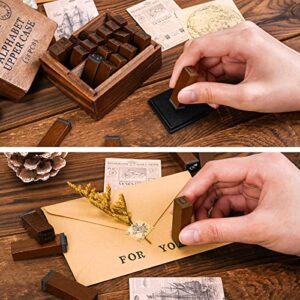 Toptime Letter Stamps, 56pcs Alphabet Stamps with Weeks and Weather, Number Stamps with Wooden Case, Vintage Symbol Wood Stamps with Ink Pads Rubber Stamps for Crafting, Card Making, Scrapbooking