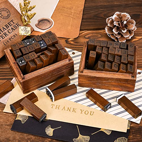 Toptime Letter Stamps, 56pcs Alphabet Stamps with Weeks and Weather, Number Stamps with Wooden Case, Vintage Symbol Wood Stamps with Ink Pads Rubber Stamps for Crafting, Card Making, Scrapbooking