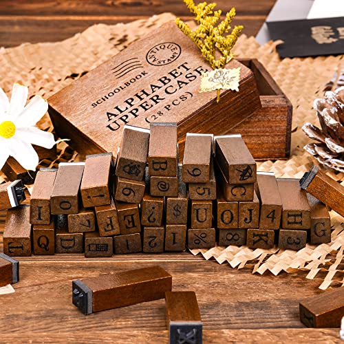 Toptime Letter Stamps, 56pcs Alphabet Stamps with Weeks and Weather, Number Stamps with Wooden Case, Vintage Symbol Wood Stamps with Ink Pads Rubber Stamps for Crafting, Card Making, Scrapbooking