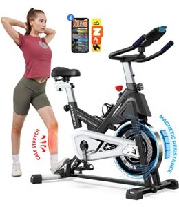 pooboo magnetic exercise bike stationary, indoor cycling bike with built-in bluetooth sensor compatible with exercise bike apps& ipad mount, comfortable seat and slant board, silent belt drive (626s)