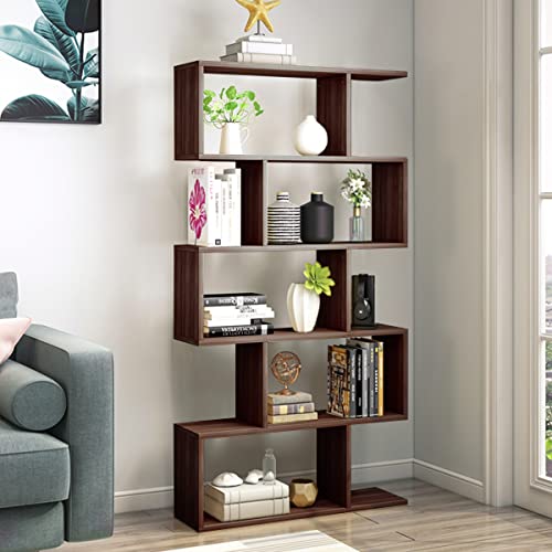 TinyTimes 5-Tier Wooden Bookcase, S-Shape Display Shelf and Room Divider, Freestanding Decorative Storage Shelving, 63'' Tall Bookshelf -Walnut