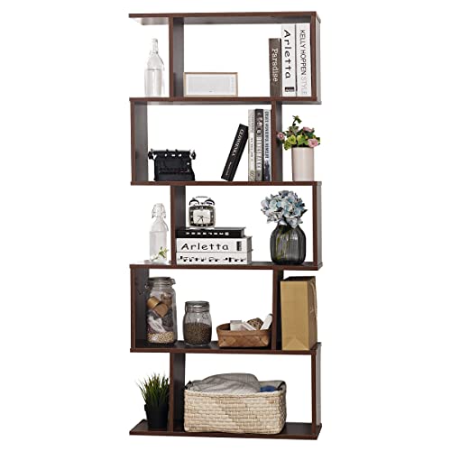 TinyTimes 5-Tier Wooden Bookcase, S-Shape Display Shelf and Room Divider, Freestanding Decorative Storage Shelving, 63'' Tall Bookshelf -Walnut