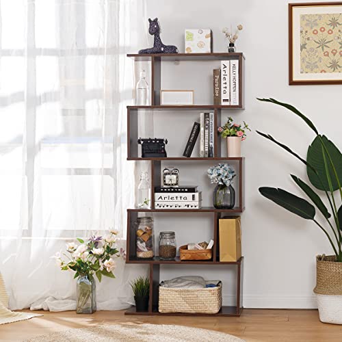 TinyTimes 5-Tier Wooden Bookcase, S-Shape Display Shelf and Room Divider, Freestanding Decorative Storage Shelving, 63'' Tall Bookshelf -Walnut