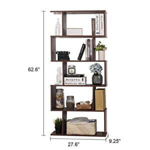 TinyTimes 5-Tier Wooden Bookcase, S-Shape Display Shelf and Room Divider, Freestanding Decorative Storage Shelving, 63'' Tall Bookshelf -Walnut