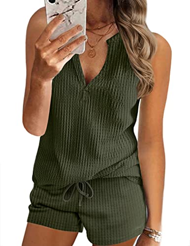 ANGGREK Women's Pajama Sets Sleeveless Tops and Shorts with Pockets 2 Piece PJ Sets for Loungewear Sleepwear,Army Green,X-Large