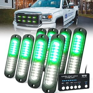 LUMENIX White Green LED Surface Mount Strobe Flashing Lights Kit w/Control Box, 8PCS Grille Side Marker Emergency Warning Caution Light for Vehicles Trucks SUV Cars Vans (Ultra Slim Sync Feature)