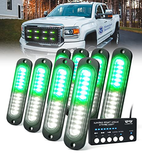 LUMENIX White Green LED Surface Mount Strobe Flashing Lights Kit w/Control Box, 8PCS Grille Side Marker Emergency Warning Caution Light for Vehicles Trucks SUV Cars Vans (Ultra Slim Sync Feature)