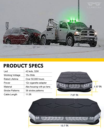 LUMENIX LED Rooftop Strobe Beacon Lights Magnetic Mount Emergency Traffic Security Warning Caution Flashing Plow Light Bar, for Construction Vehicles Tow Trucks Snowplow Postal Cars White/Green