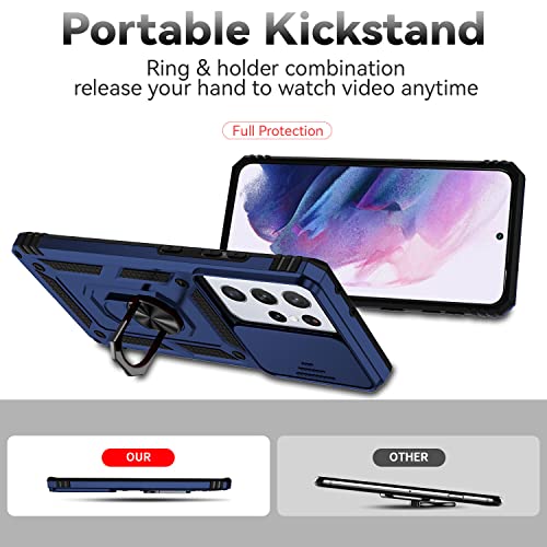 for Samsung Galaxy S21 Ultra Case with Camera Lens Cover HD Screen Protector,Military-Grade Drop Tested Magnetic Ring Holder Kickstand Protective Phone Case for Samsung Galaxy S21 Ultra 5G (Navy Blue)