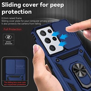 for Samsung Galaxy S21 Ultra Case with Camera Lens Cover HD Screen Protector,Military-Grade Drop Tested Magnetic Ring Holder Kickstand Protective Phone Case for Samsung Galaxy S21 Ultra 5G (Navy Blue)