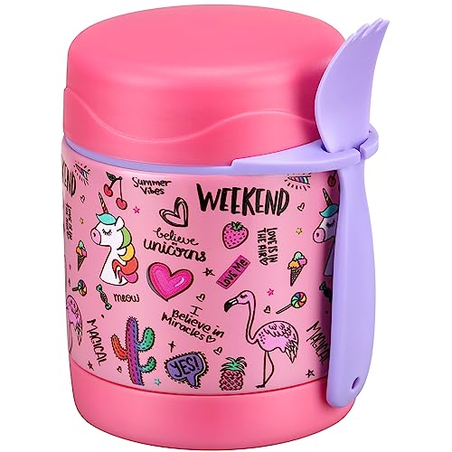 Pawtong 10oz Soup Thermo for Hot Food Kids Insulated Food Jar,Thermo Hot Food Lunch Container, Width Mouth Stainless Steel Lunch Box for Kids with Spoon (Pink-flamingo)