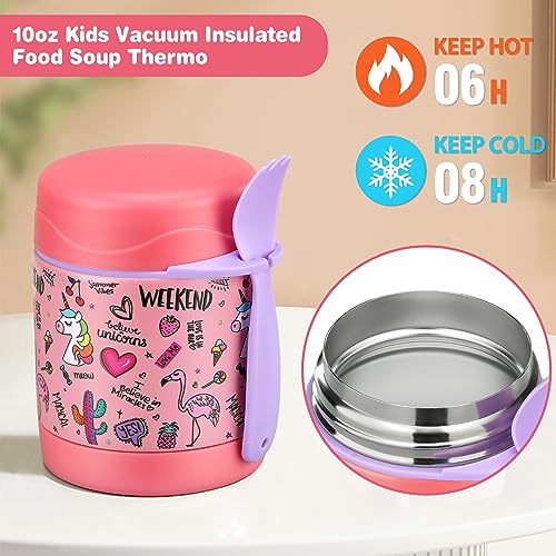 Pawtong 10oz Soup Thermo for Hot Food Kids Insulated Food Jar,Thermo Hot Food Lunch Container, Width Mouth Stainless Steel Lunch Box for Kids with Spoon (Pink-flamingo)