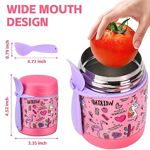 Pawtong 10oz Soup Thermo for Hot Food Kids Insulated Food Jar,Thermo Hot Food Lunch Container, Width Mouth Stainless Steel Lunch Box for Kids with Spoon (Pink-flamingo)