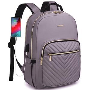 lovevook laptop backpack purse for women, large capacity travel business computer work bag, quilted casual college nurse backpack for womens, fit 15.6 inch laptop with usb port, purple grey