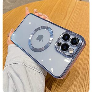 Uioeua Compatible with iPhone 14 Pro Max Magnetic Clear Case,Luxury Plating Bling Transparent Shockproof MagSafe Case with Full Camera Lens Protector for iPhone 14 Pro Max Women Girl Men-Sky Blue