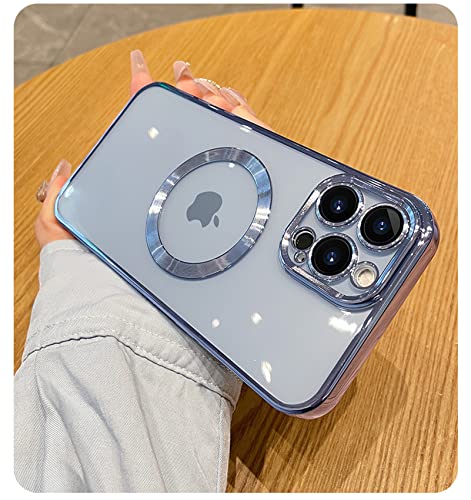 Uioeua Compatible with iPhone 14 Pro Max Magnetic Clear Case,Luxury Plating Bling Transparent Shockproof MagSafe Case with Full Camera Lens Protector for iPhone 14 Pro Max Women Girl Men-Sky Blue