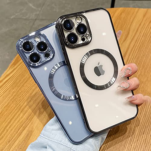 Uioeua Compatible with iPhone 14 Pro Max Magnetic Clear Case,Luxury Plating Bling Transparent Shockproof MagSafe Case with Full Camera Lens Protector for iPhone 14 Pro Max Women Girl Men-Sky Blue