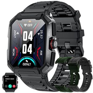 military smart watches for men, 5atm waterproof rugged grade bluetooth call(answer/dial calls), health tracker for android phones and iphone compatible, 1.85" heart rate/blood pressure watch (black)