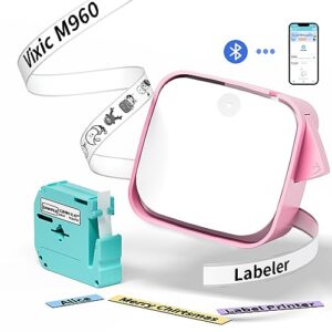 vixic label maker machine with tape, m960 mini bluetooth label printer inkless label sticker makers portable handheld labeler with multi-templates font&icon, rechargeable for office home organizing