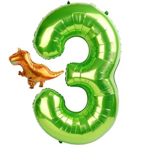 40 inch green number 3 & mini dinosaur balloon, 3rd 3 years old birthday decorations for boy, dinosaur balloon for three rex birthday party decorations, large number 13 for party decorations