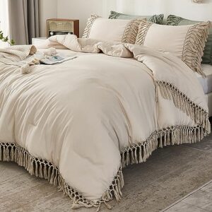 andency beige comforter set queen, 3 pieces boho tassel lightweight farmhouse vintage aesthetic soft bedding comforter sets, all season fluffy fringe bed set (90x90in comforter & 2 pillowcases)