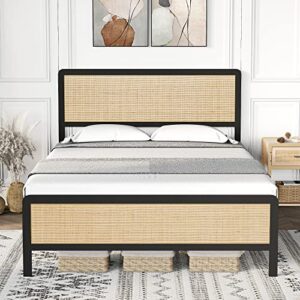 idealhouse queen size bed frame with rattan headboard and footboard, platform bed frame with safe rounded corners, strong metal slats support, mattress foundation, noise-free, no box spring needed