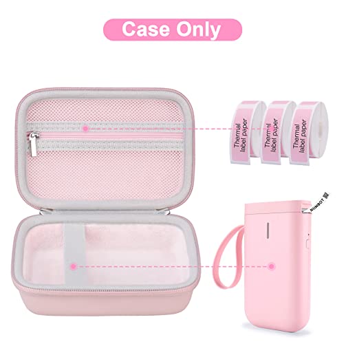 Canboc Label Maker Case for JADENS D11/ D110/ PikDik D11/ Nelko P21 Portable Bluetooth Label Printer, Carrying Holder for Label Paper and USB Cable, Pink