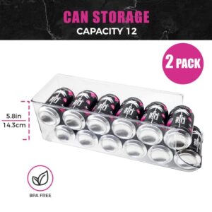 SCAVATA 2 Pack Soda Can Organizer for Refrigerator, 12 Can Fridge Organizer Canned Food Pop Cans Container Can Holder Dispenser for Fridge Pantry Rack Freezer, Clear Plastic Storage Bins