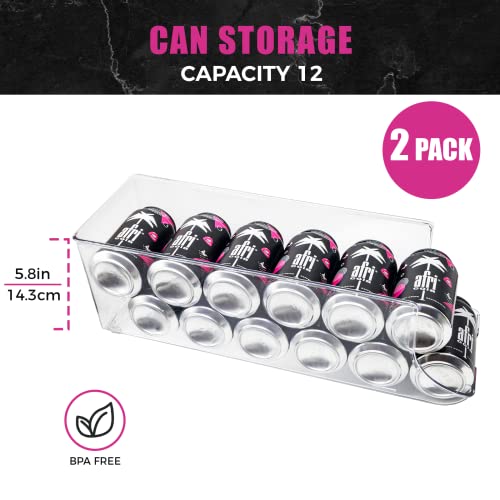 SCAVATA 2 Pack Soda Can Organizer for Refrigerator, 12 Can Fridge Organizer Canned Food Pop Cans Container Can Holder Dispenser for Fridge Pantry Rack Freezer, Clear Plastic Storage Bins