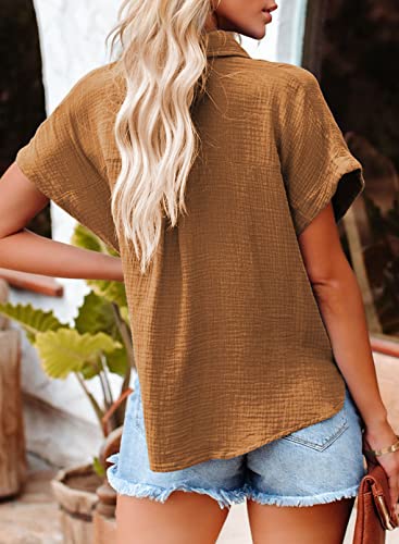 Dokotoo 2023 Fashion Summer Womens Solid V Neck Batwing Short Sleeve Shirts Button Down Cotton Office Workout Blouses Tops Resort Wear for Women Brown XL