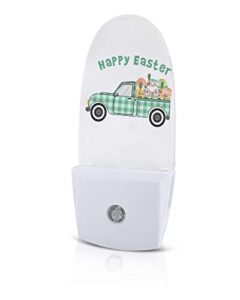 plug-in led night light with auto light sensor - popsicle shape nightlight baby night lights for hallway bedroom kids room - happy eater green plaid truck with eater egg and rabbit