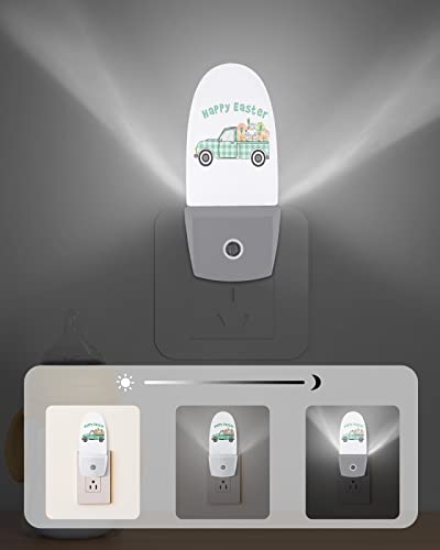 Plug-in LED Night Light with Auto Light Sensor - Popsicle Shape Nightlight Baby Night Lights for Hallway Bedroom Kids Room - Happy Eater Green Plaid Truck with Eater Egg and Rabbit