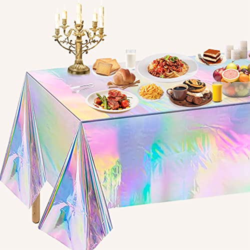 4 Pack Iridescence Plastic Tablecloths Disposable Laser Tablecloth Holographic Foil Rectangle Table Covers Birthday Disco Bachelorette Bridal Wedding Rainbow Iridescent Party Decorations 54" x 108"