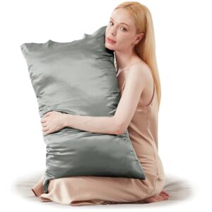 kinmeroom satin pillowcase for hair and skin, light gray pillowcases 2 pack, queen size pillow cases set of 2, luxury and soft satin pillow covers with envelope closure (20x30 inches)