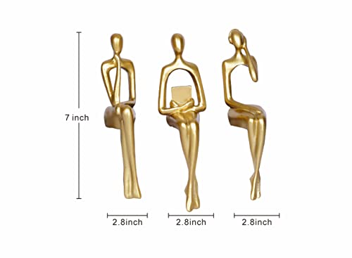 3Pcs Gold Decor Thinker Statue Abstract Art Sculpture Decorations Reading Women Figurine Modern Sitting Shelf Decor for Home Decor Living Room Bookshelf Coffee Table Desktop Office Decoration(Gold)