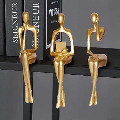 3Pcs Gold Decor Thinker Statue Abstract Art Sculpture Decorations Reading Women Figurine Modern Sitting Shelf Decor for Home Decor Living Room Bookshelf Coffee Table Desktop Office Decoration(Gold)