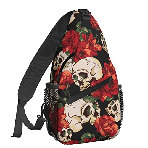 NiuKom Flower Skeleton Sugar Skull Crossbody Bags for Women Trendy Sling Backpack Men Chest Bag Gym Cycling Travel Hiking Daypacks