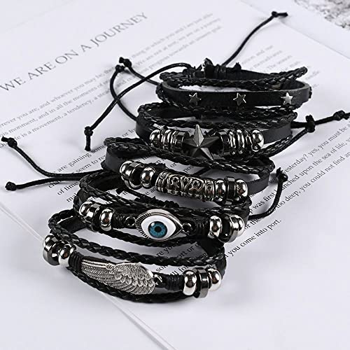 BUSSLANDY Braided Leather Bracelets for Men Women Cuff Wrap Bracelet Stackable bracelet Evil Eye Stars Wings Retro Set Wood Ethnic Tribal Bracelets Adjustable