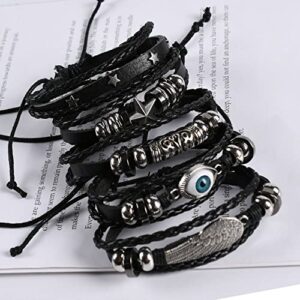 BUSSLANDY Braided Leather Bracelets for Men Women Cuff Wrap Bracelet Stackable bracelet Evil Eye Stars Wings Retro Set Wood Ethnic Tribal Bracelets Adjustable