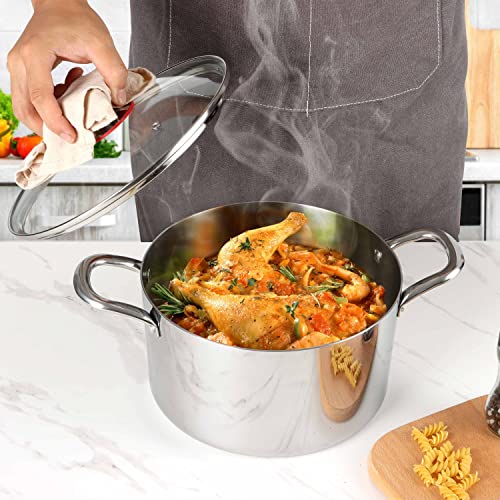 Herogo 6 Quart Stock Pot, 18/10 Stainless Steel Pasta Pot with Lid, 6 QT Cooking Pot with Handles, Tri-Ply Stockpot for Induction Gas Electric Stove, Dishwasher Safe