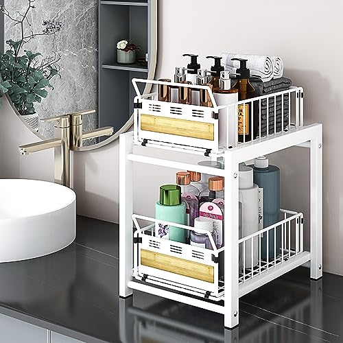 KOSIWU Under Sink Organizers and Storage, 2 Tier Kitchen Organizer and Storage with Sliding Drawer Pull Out Cabinet Organizer White Bathroom Countertop Organizer Undersink Organizer