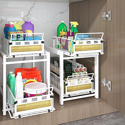 KOSIWU Under Sink Organizers and Storage, 2 Tier Kitchen Organizer and Storage with Sliding Drawer Pull Out Cabinet Organizer White Bathroom Countertop Organizer Undersink Organizer