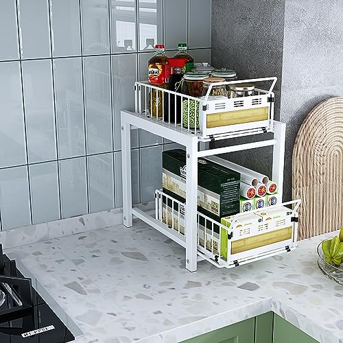 KOSIWU Under Sink Organizers and Storage, 2 Tier Kitchen Organizer and Storage with Sliding Drawer Pull Out Cabinet Organizer White Bathroom Countertop Organizer Undersink Organizer