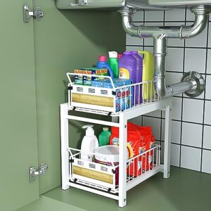 KOSIWU Under Sink Organizers and Storage, 2 Tier Kitchen Organizer and Storage with Sliding Drawer Pull Out Cabinet Organizer White Bathroom Countertop Organizer Undersink Organizer