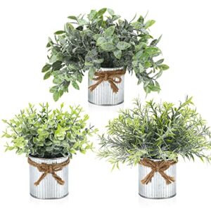 cewor 3 pack fake potted plants for farmhouse decor, artificial eucalyptus metal pots in rustic rectangular pots table centerpiece for dining room bathroom desk room office greenery decor or gift