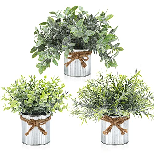 CEWOR 3 Pack Fake Potted Plants for Farmhouse Decor, Artificial Eucalyptus Metal Pots in Rustic Rectangular Pots Table Centerpiece for Dining Room Bathroom Desk Room Office Greenery Decor or Gift